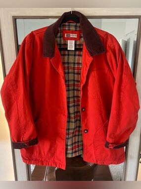 Red Chore Jacket Coat Size Medium Flannel Lined Corduroy Trim Faded Glory Cotton